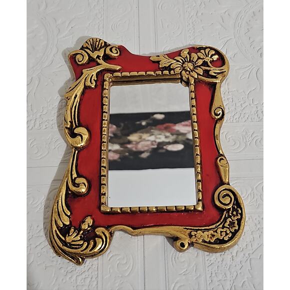 Vintage Red and Gold Ornate Accent Mirror Wall Hanging Scroll Accent Floral - Picture 12 of 13